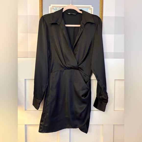 Zara Dresses & Skirts - Zara Black Tuxedo Satin Long Sleeve Dress Size XS